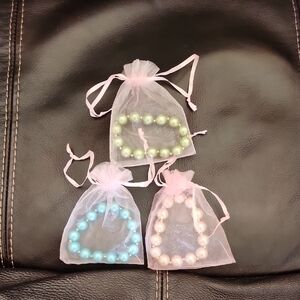 Elegant Pearlies Bracelets Set in Pink, Blue, and Green with Organize Bags